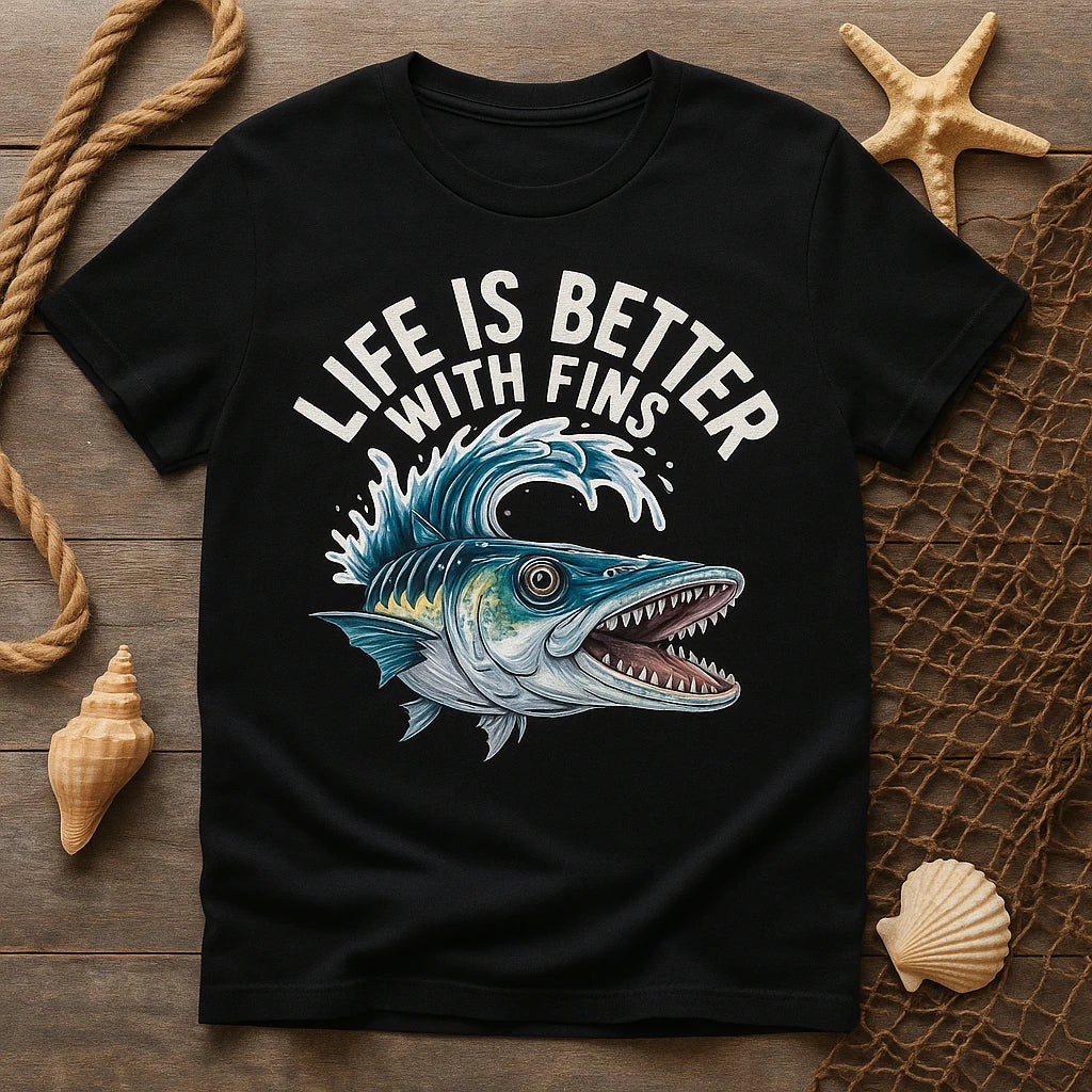 A black T-shirt featuring an illustration of a large fish with an open mouth, surrounded by waves. The text "LIFE IS BETTER WITH FINS" arches above the image. The shirt is laid on a wooden surface with nautical decorations including a starfish, seashells, a piece of rope, and a fishing net.