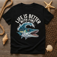 A black T-shirt featuring an illustration of a large fish with an open mouth, surrounded by waves. The text 
