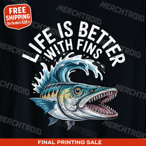 "Life Is Better With Fins" heart barracuda t shirt - product photo 9
