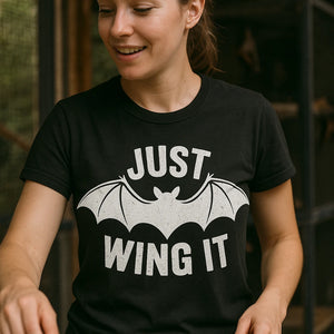 "Just Wing It" black bat t shirt, photographed as gifts for bat lovers