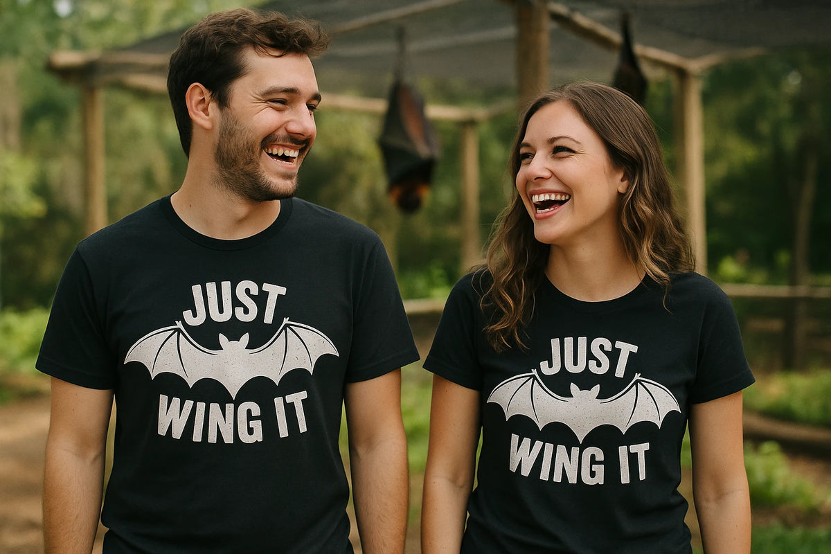 Person wearing the black bat t shirt graphic tee - "Just Wing It" design