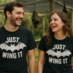 Person wearing the black bat t shirt graphic tee - "Just Wing It" design
