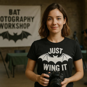 Lifestyle shot of the "Just Wing It" black bat t shirt in a real-world setting