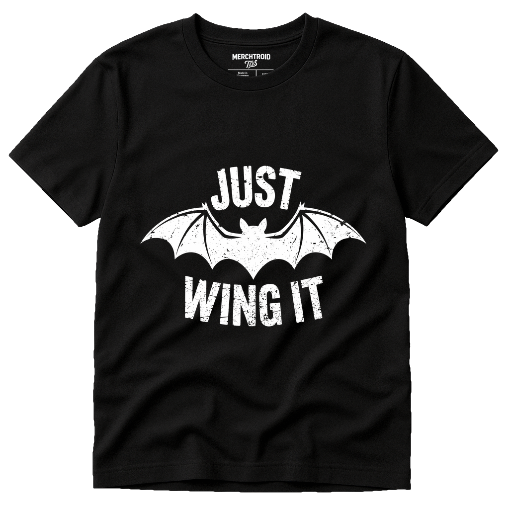 Black Bat T Shirt - "Just Wing It" graphic tee with white print, flat lay product photo