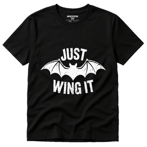 Black Bat T Shirt - "Just Wing It" graphic tee with white print, flat lay product photo