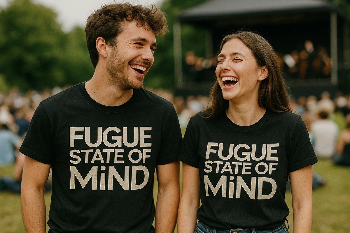 Person wearing the black classical music tee shirts graphic tee - "Fugue State of Mind" design