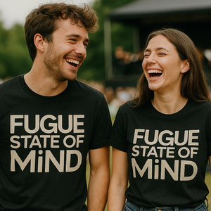 Person wearing the black classical music tee shirts graphic tee - "Fugue State of Mind" design