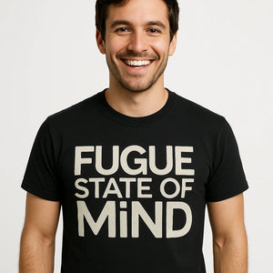 Close-up of the "Fugue State of Mind" beige print on a premium Bella+Canvas black classical music tee shirts