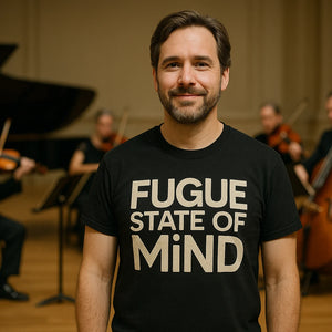 Lifestyle shot of the "Fugue State of Mind" black classical music tee shirts in a real-world setting