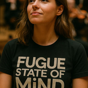 "Fugue State of Mind" black classical music tee shirts, photographed as gift for classical music lover