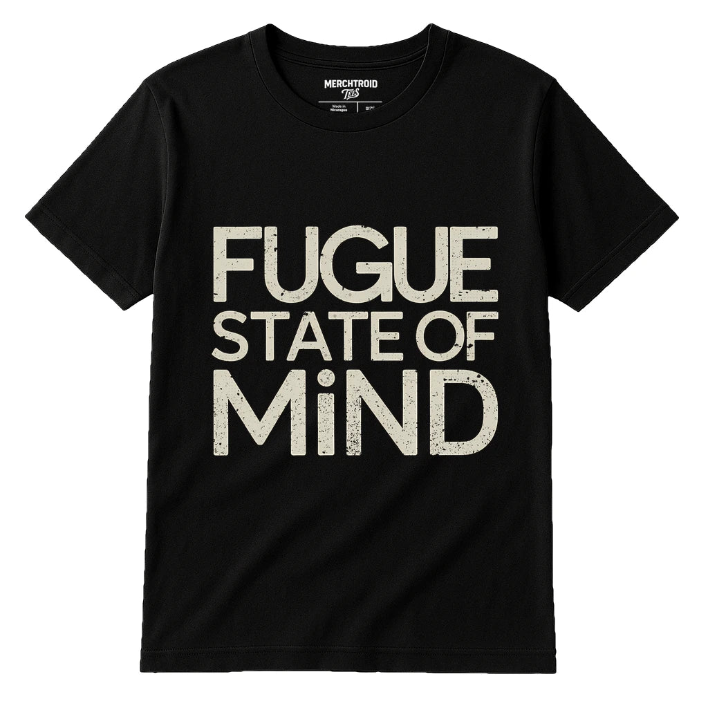 Black Classical Music Tee Shirts - "Fugue State of Mind" graphic tee with beige print, flat lay product photo