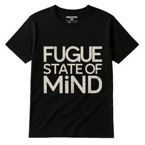 Black Classical Music Tee Shirts - "Fugue State of Mind" graphic tee with beige print, flat lay product photo