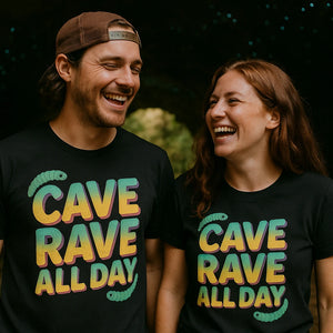 Person wearing the black glowworms t shirt graphic tee - "Cave Rave All Day" design