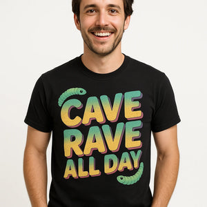 Close-up of the "Cave Rave All Day" gray print on a premium Bella+Canvas black glowworms t shirt