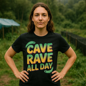 Lifestyle shot of the "Cave Rave All Day" black glowworms t shirt in a real-world setting
