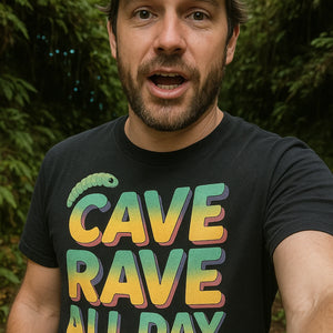 "Cave Rave All Day" black glowworms t shirt, photographed as glowworms lover gift
