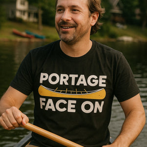 "Portage Face On" black canoeing shirts - a birthday gift for canoeing lover