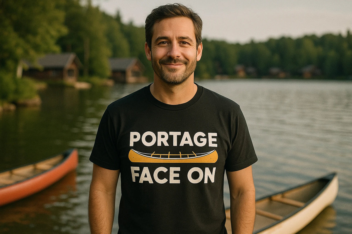 Lifestyle shot of the "Portage Face On" black canoeing shirts in a real-world setting