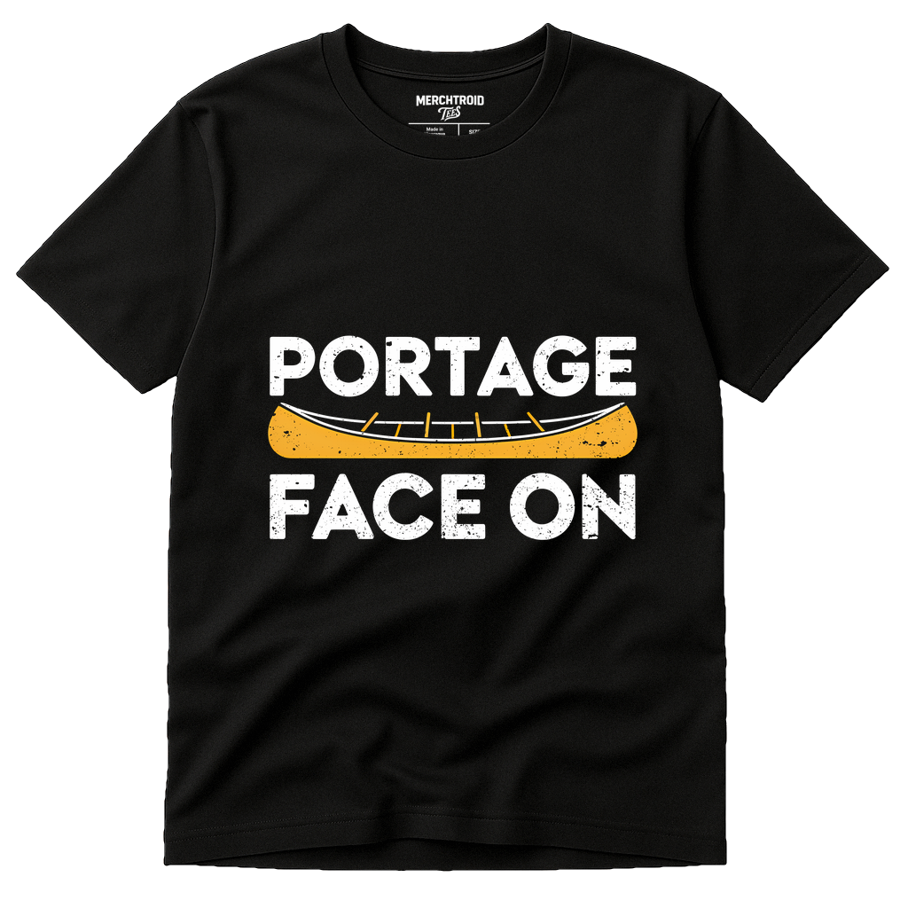 Black Canoeing Shirts - "Portage Face On" graphic tee with white print, flat lay product photo