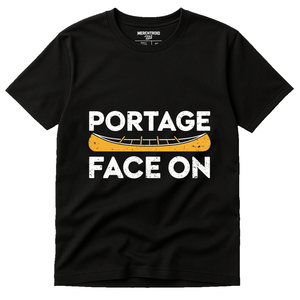 Black Canoeing Shirts - "Portage Face On" graphic tee with white print, flat lay product photo