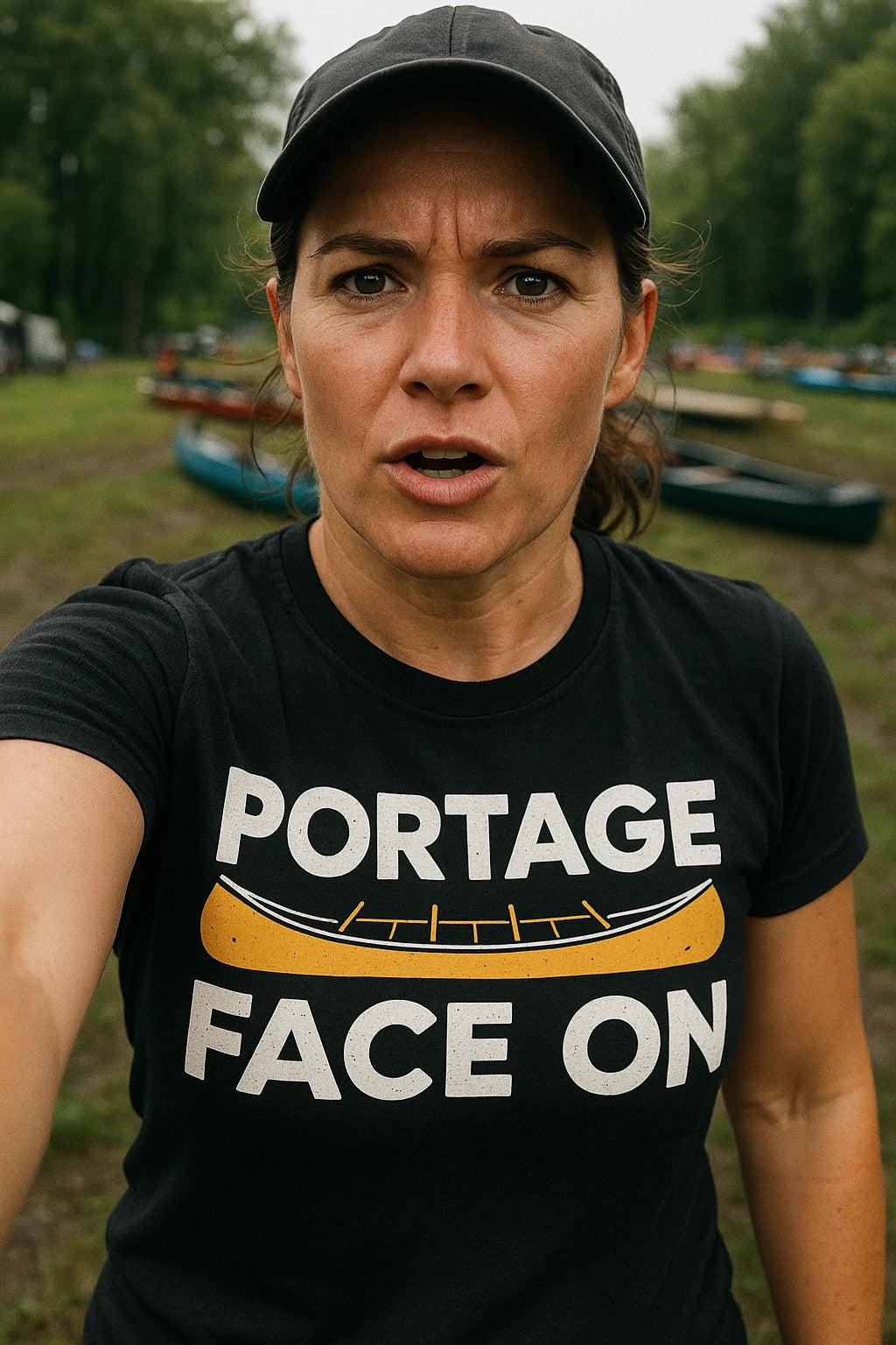 "Portage Face On" black canoeing shirts, photographed as canoeing lover gift