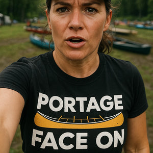 "Portage Face On" black canoeing shirts, photographed as canoeing lover gift