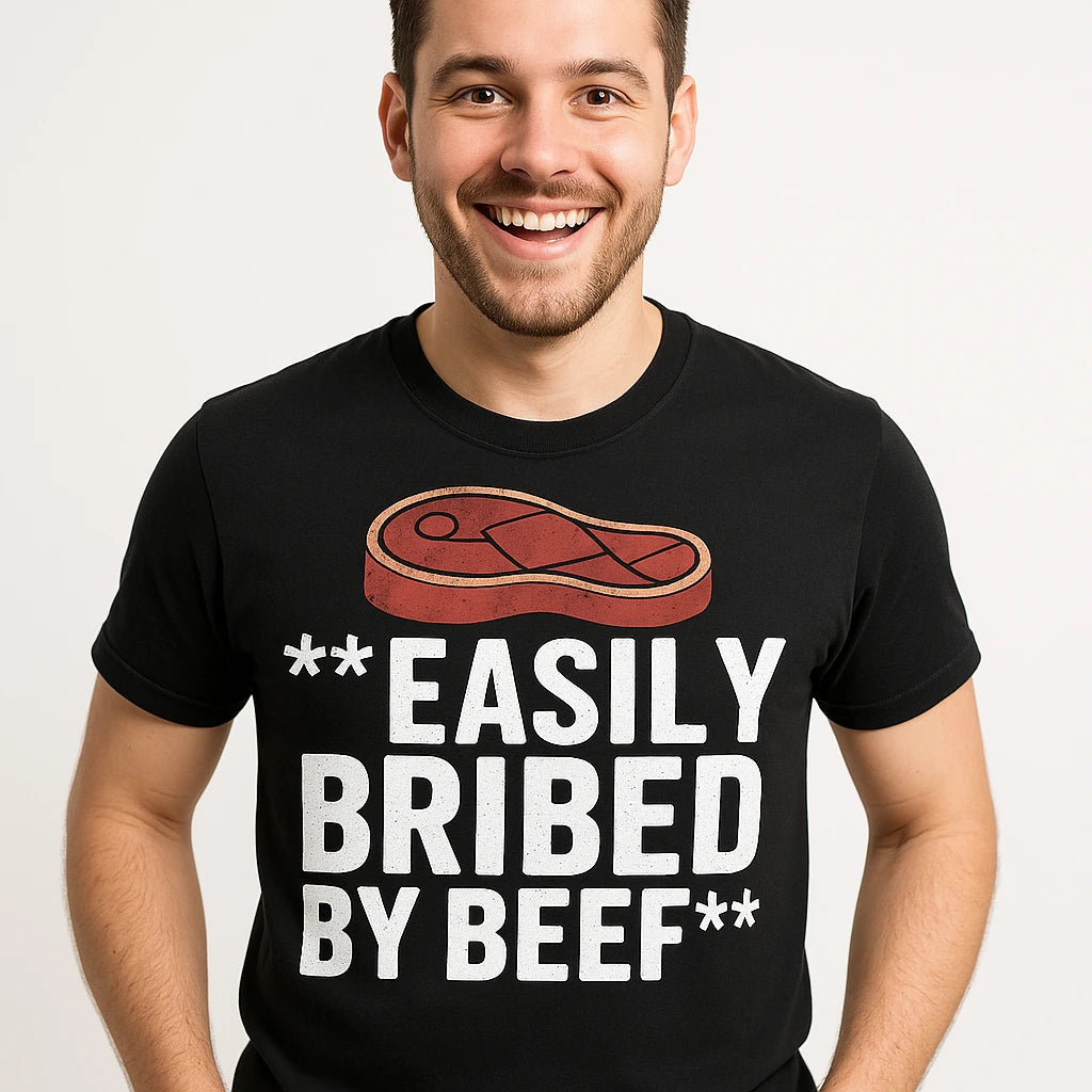 Close-up of the "Easily Bribed By Beef" white print on a premium Bella+Canvas black steak shirts