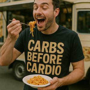 "Carbs Before Cardio" black pasta t shirt - also one of the gifts for the pasta lover