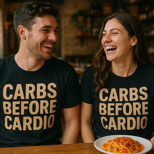 Person wearing the black pasta t shirt graphic tee - "Carbs Before Cardio" design