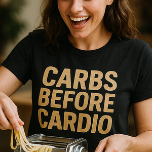"Carbs Before Cardio" black pasta t shirt, photographed as presents for pasta lovers