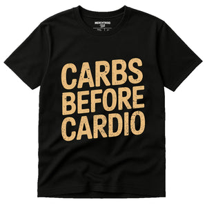 Black Pasta T Shirt - "Carbs Before Cardio" graphic tee with tan print, flat lay product photo