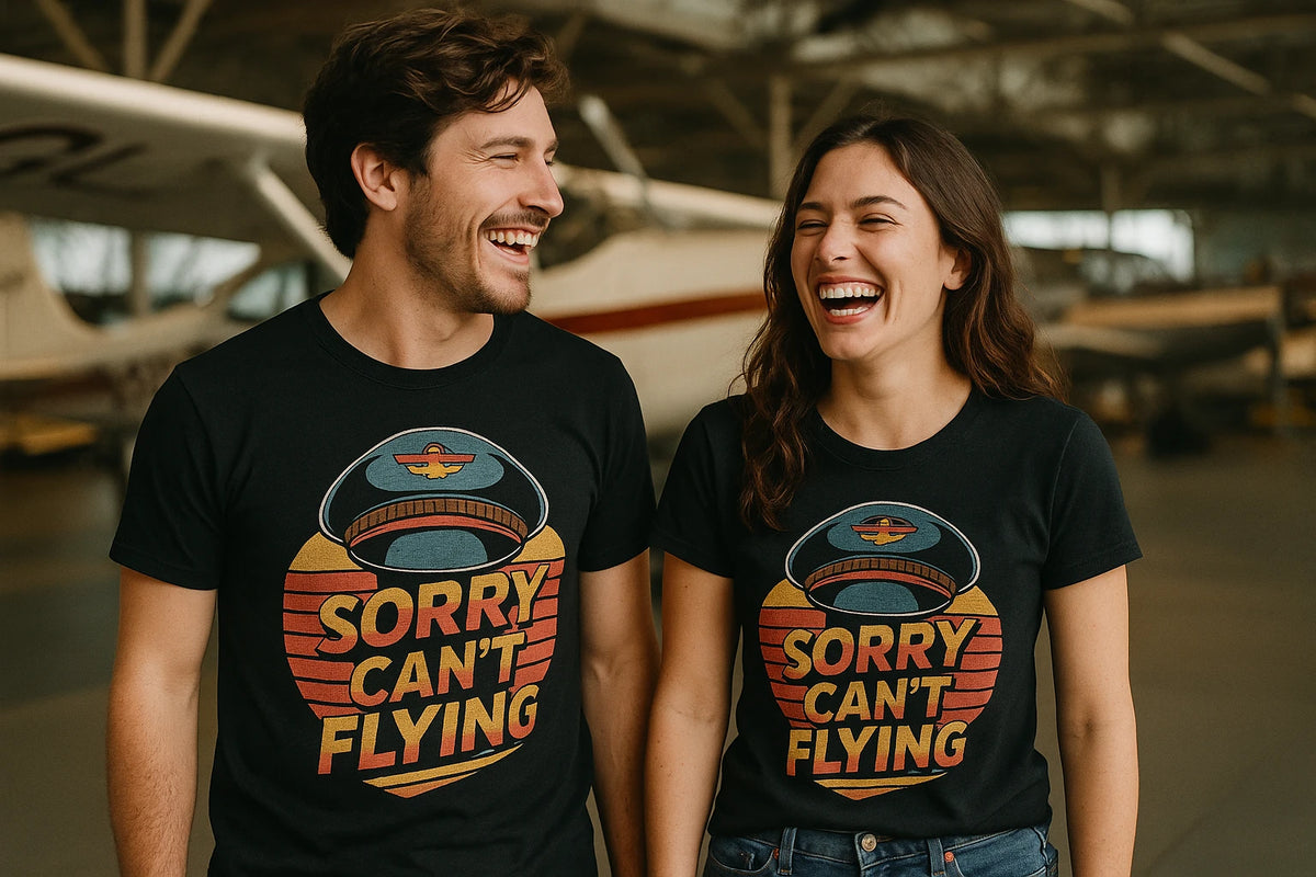 Person wearing the black pilot shirts graphic tee - "Sorry Can'T Flying" design
