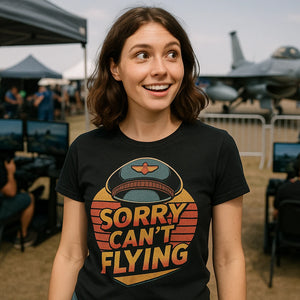 Lifestyle shot of the "Sorry Can'T Flying" black pilot shirts in a real-world setting