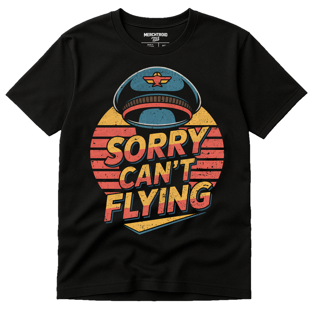 Black Pilot Shirts - "Sorry Can'T Flying" graphic tee with orange print, flat lay product photo