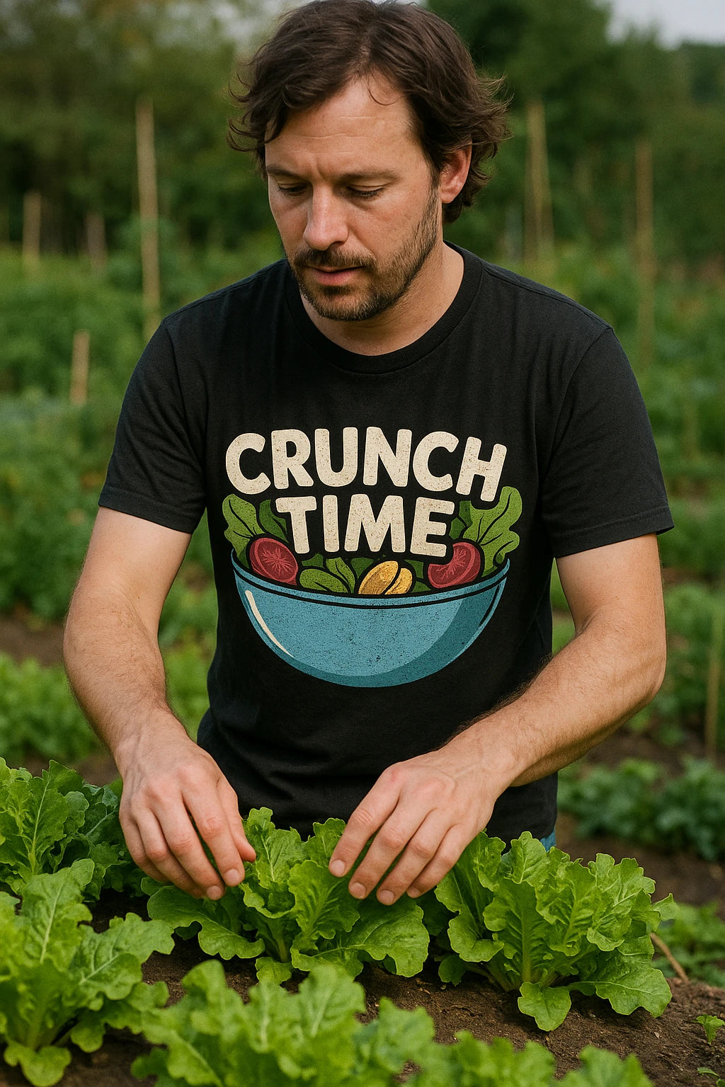 "Crunch Time" black salad t shirt, photographed as gifts for salad lovers