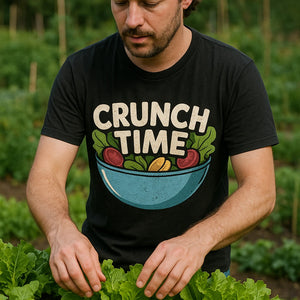 "Crunch Time" black salad t shirt, photographed as gifts for salad lovers