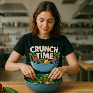 Lifestyle shot of the "Crunch Time" black salad t shirt in a real-world setting