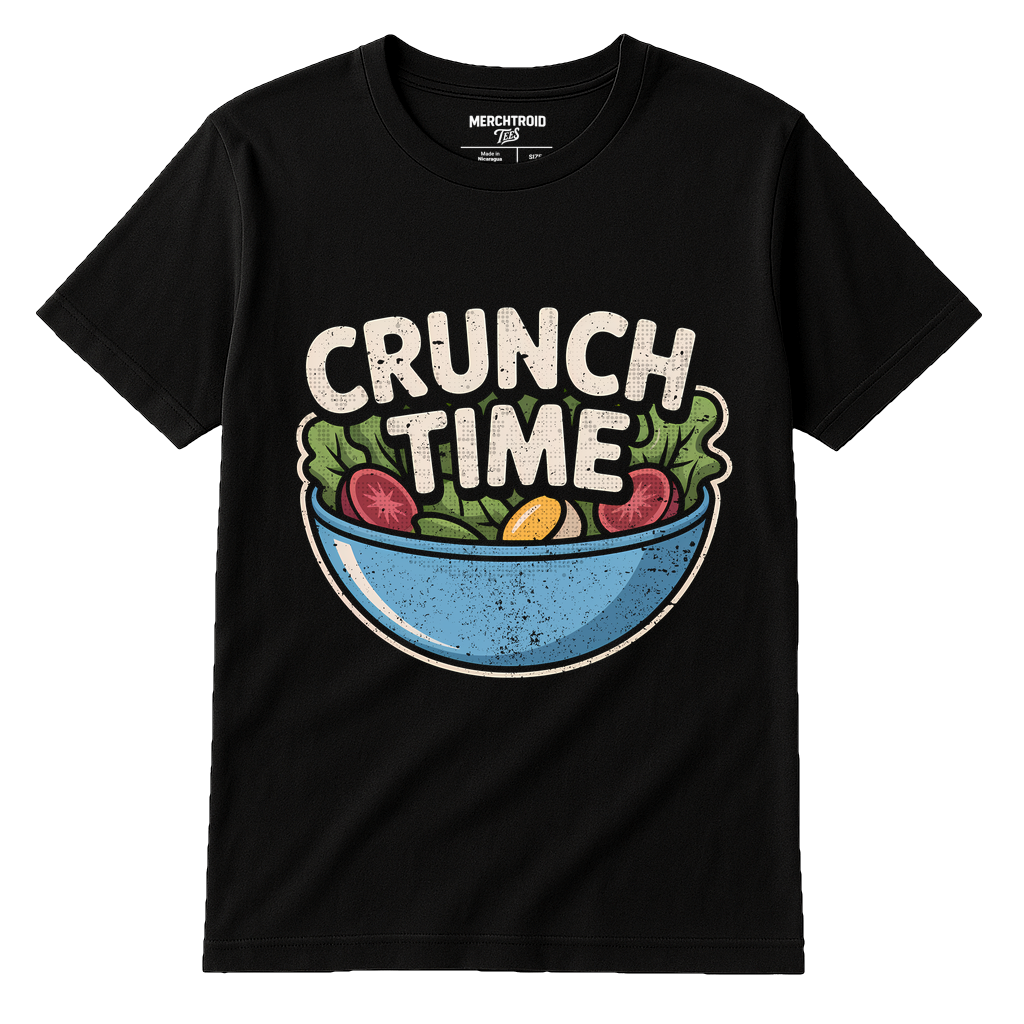 Black Salad T Shirt - "Crunch Time" graphic tee with gray print, flat lay product photo