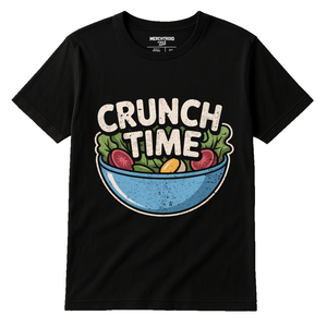 Black Salad T Shirt - "Crunch Time" graphic tee with gray print, flat lay product photo