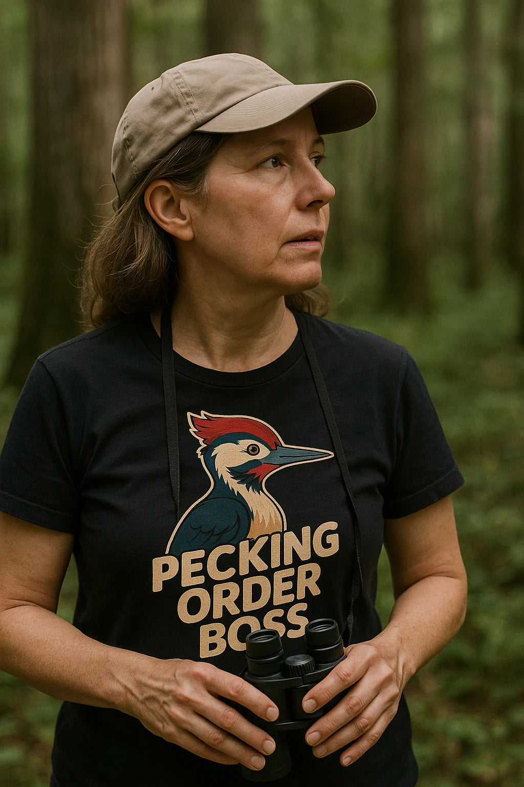 "Pecking Order Boss" black woodpecker t shirt - a birthday gift for woodpecker lover