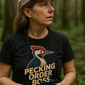 "Pecking Order Boss" black woodpecker t shirt - a birthday gift for woodpecker lover