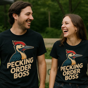 Person wearing the black woodpecker t shirt graphic tee - "Pecking Order Boss" design