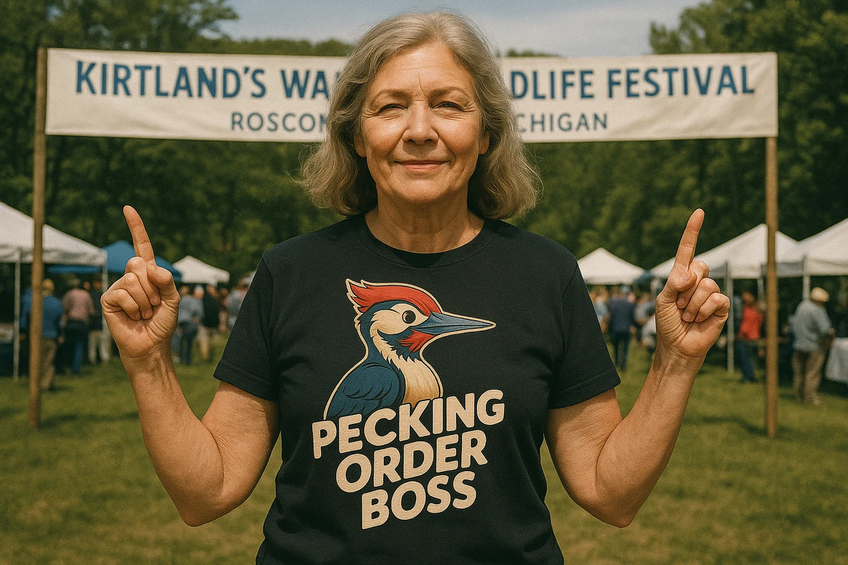 Lifestyle shot of the "Pecking Order Boss" black woodpecker t shirt in a real-world setting