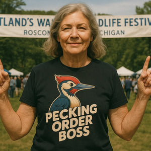 Lifestyle shot of the "Pecking Order Boss" black woodpecker t shirt in a real-world setting
