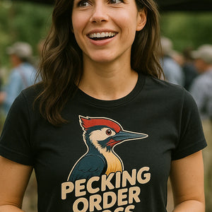 "Pecking Order Boss" black woodpecker t shirt, photographed as woodpecker lover gift