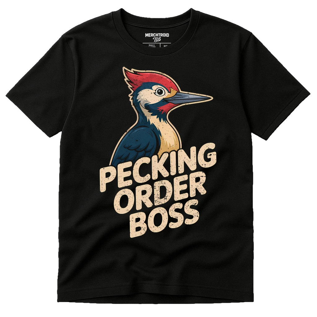 Black Woodpecker T Shirt - "Pecking Order Boss" graphic tee with beige print, flat lay product photo
