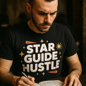 "Star Guide Hustle" black astrology tee, photographed as presents for astrology lovers