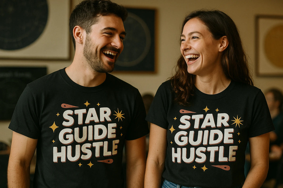 Person wearing the black astrology tee graphic tee - "Star Guide Hustle" design