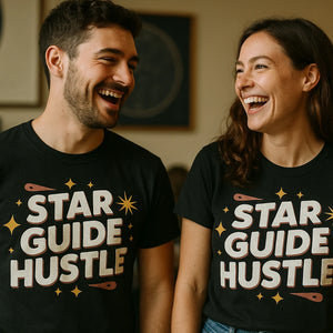 Person wearing the black astrology tee graphic tee - "Star Guide Hustle" design