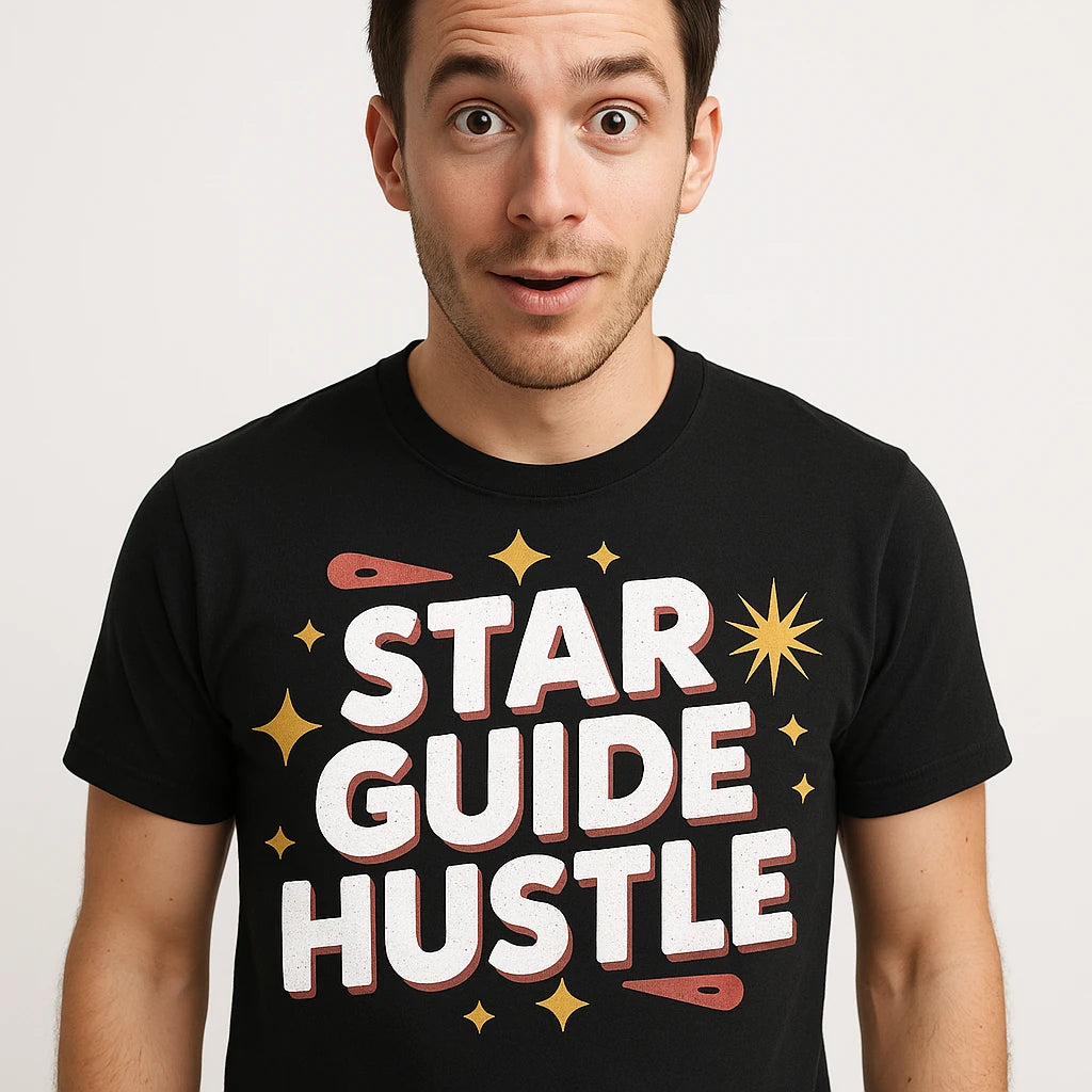 Close-up of the "Star Guide Hustle" white print on a premium Bella+Canvas black astrology tee